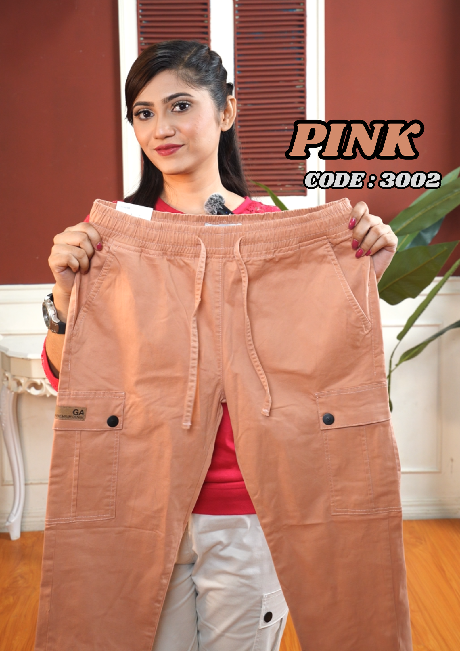 Woman Six Pocket Joggers-( Pink ). Code -3002